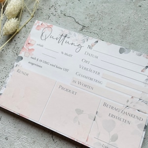 Könnte beinhalten: Eine druckbare Quittungsvorlage mit einem floralen Design in Rosa- und Grautönen. Die Vorlage enthält Felder für Datum, Ort, Verkäufer, Gesamtbetrag und Produktbeschreibung. Der Text "Quittung" befindet sich oben auf der Vorlage.