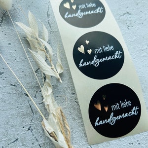 Pegatina hecha a mano con amor, etiquetas metálicas de oro negro, pedido, regalo, agradecimiento, embalaje comercial hecho a mano, vendedor