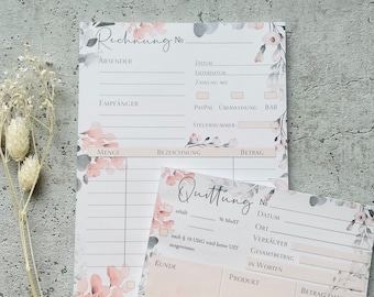 Business SET invoice pad and receipt pad with carbon copy in watercolor floral design