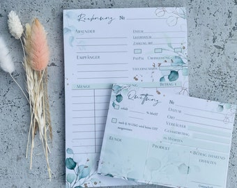Puede incluir: Dos plantillas de factura imprimibles blancas y azules con un diseño floral. La plantilla superior está etiquetada como "Rechnung" y la plantilla inferior está etiquetada como "Quittung".