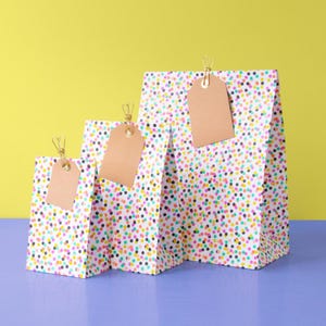 Sacchetti a fondo quadro Coriandoli Sacchetti regalo di compleanno Imballaggio Sacchetto piatto Sacchetti per feste di compleanno per bambini Sacchetti di carta