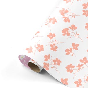 Papier cadeau 50 x 300 cm fleurs blanc/rose papier kraft emballage cadeau