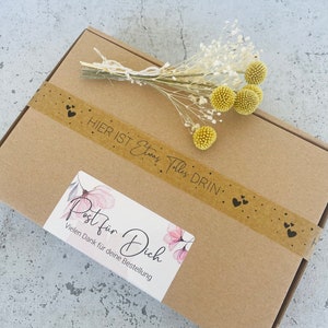 Pu&ograve; includere: Una scatola di cartone marrone con un'etichetta che dice "Post f&uuml;r Dich" e "Vielen Dank f&uuml;r deine Bestellung". La scatola &egrave; decorata con un nastro marrone con cuori e il testo "Hier ist etwas Tolles drin".
