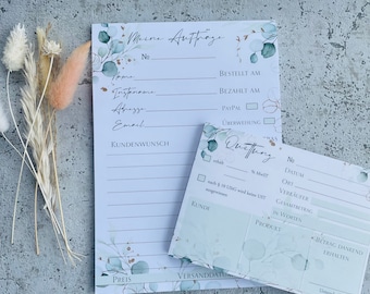 Puede incluir: Un formulario de pedido blanco con un diseño floral verde. El formulario tiene campos para la información del cliente, los detalles del pedido y la información de pago. También hay una sección separada para un recibo con campos para la fecha, la ubicación, el vendedor, el importe total y los detalles del producto.