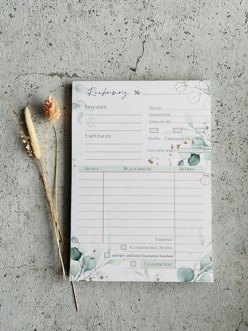A5 invoice pad with carbon copy in eucalyptus gold design image 2
