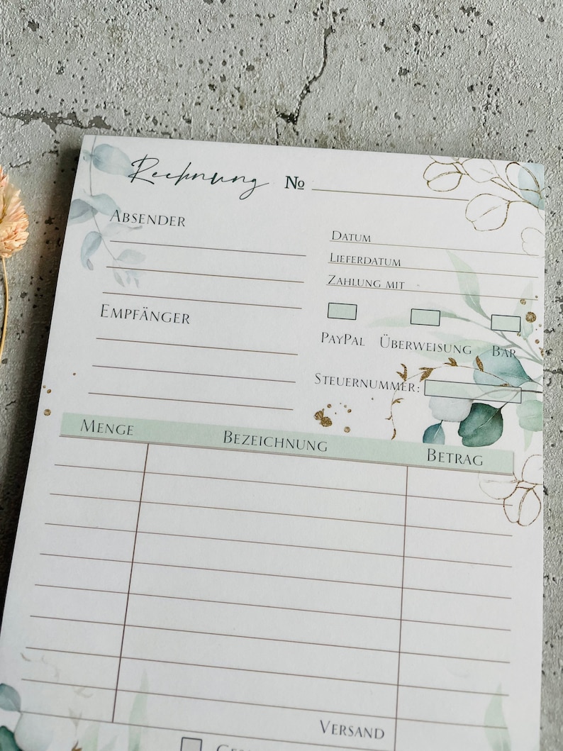 A5 invoice pad with carbon copy in eucalyptus gold design image 4