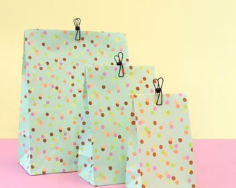Blockbodentaschen Konfetti bunt türkis Geburtstag Geschenktüten Verpackung Flatbag Kindergeburtstag Mitgebseltüten Papiertaschen