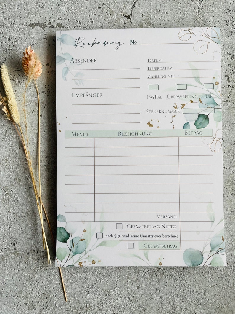 A5 invoice pad with carbon copy in eucalyptus gold design image 1