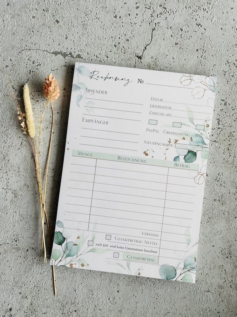 A5 invoice pad with carbon copy in eucalyptus gold design image 3