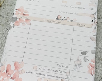Invoice pad A5 with carbon copy in watercolor floral design