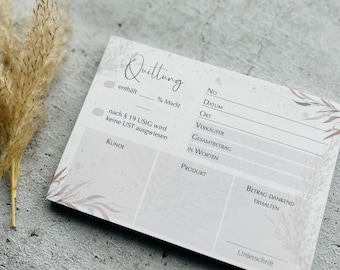May include: A white receipt template with a floral design. The receipt includes fields for the date, location, seller, total amount, and customer information. The text "Quittung" is at the top of the receipt.