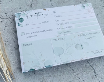 May include: A white receipt template with a floral design. The receipt has fields for the date, location, seller, total amount, and customer information. The text "Quittung" is at the top of the receipt.