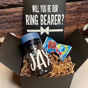 Ring Bearer Proposal Gift Set: Personalized Box, Water Bottle & Ring Pop