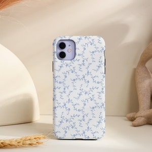 Elegant Blue Floral Phone Case Tough Cover for 2025 iPhone Air/16e, iPhone 17 16 15 14 13 12 11 Pro, 14 Plus, X XR XS SE, iPhone 13 12 Mini