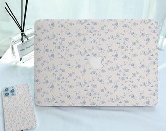 Blaue Elegante Blumen MacBook Tasche für Neues MacBook Air 15, M1 M2 Air 13 A2681, A2337, A2338, Pro 13 14 15 16, 2022 2021 2020