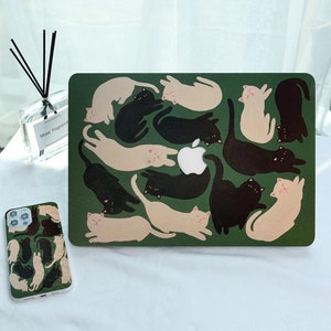 Vintage Dark Green Black and White Cat MacBook Case for New MacBook Air 15, M1 M2 Air 13 A2681 A2337 A2338,Pro 13 14 15 16,2022 2021 2020