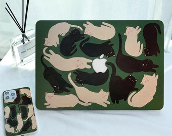 Vintage Dark Green Black and White Cat MacBook Case for New MacBook Air 15, M1 M2 Air 13 A2681 A2337 A2338,Pro 13 14 15 16,2022 2021 2020