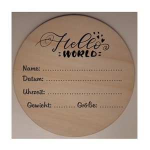 Geburtstafel, Meilensteinkarte, aus Holz mit "Hello World" Gravur, auf Wunsch personalisert