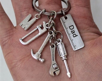 PERSONALISED Dad Keyring Key Chain Tool Box Hammer Spanner Wrench Hacksaw Screwdriver Ruler CHOOSE LETTER Great Stocking Filler Gift for Dad