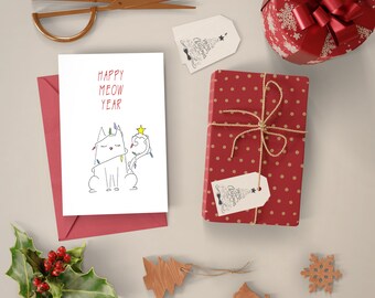 watercolor Printable Funny Cat Christmass card with paw detail Pdf happy meow year cat greeting card