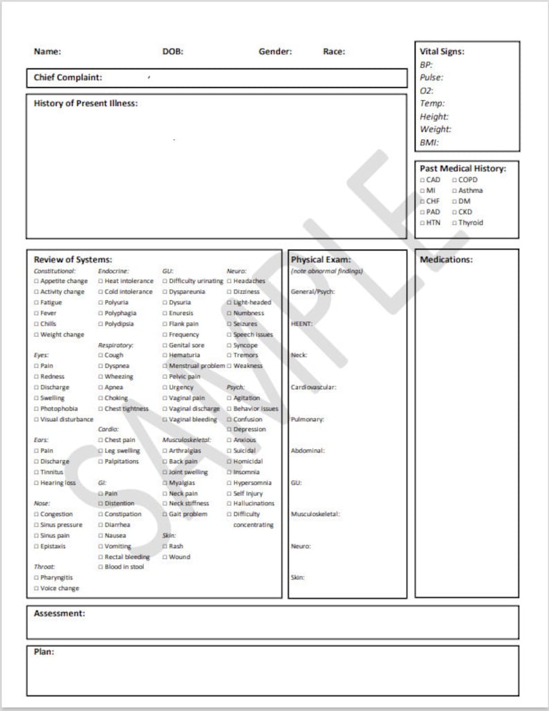 May include: A medical form with sections for patient details, main complaint, medical history, system review, physical examination, and medications. Checkboxes are included for symptoms and conditions.
