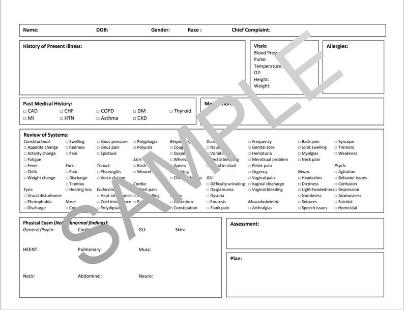 May include: A medical form with sections for patient information, past medical history, review of systems, physical examination, and assessment. The form includes checkboxes for various symptoms and conditions.