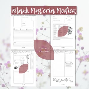 Peut inclure: Téléchargement numérique d'un journal vierge de Materia Medica. Les pages sont blanches avec du texte et des illustrations noirs, comprenant des sections pour l'identification des herbes, les propriétés médicinales, la culture et les préparations.