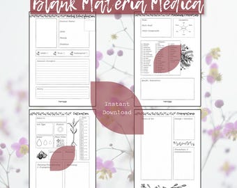 May include: A digital download of a blank Materia Medica journal. The pages are white with black text and illustrations, including sections for herbal identification, medicinal properties, cultivation, and preparations. The title is in a script font.