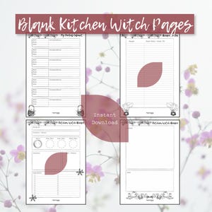 Puede incluir: Descarga digital de páginas de bruja de cocina en blanco. Las páginas incluyen secciones para recetas, notas de gabinete de hierbas y un índice de recetas. El diseño presenta acentos florales y el texto "Blank Kitchen Witch Pages" en borgoña.