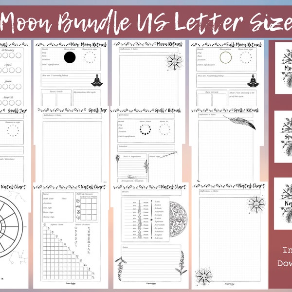 Blank Moon BUNDLE US Letter Size | Moon Journal | Spell Kit | Natal Chart | Instant Download | Astrology Printable |