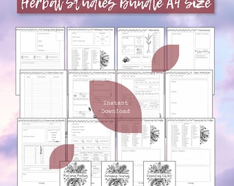 May include: A collection of printable herbal study sheets, including identification, medicinal properties, and cultivation guides. The bundle includes pages for observation, journaling, and essential oil profiles. The text "Herbal Studies Bundle A4 Size" is at the top.