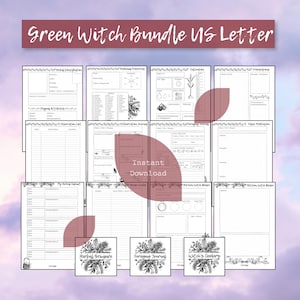 May include: A collection of printable pages with the text "Green Witch Bundle US Letter" in a burgundy banner. The pages include sections for herbal information, medicinal properties, and recipes. The words "Instant Download" are also visible.