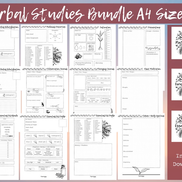 Blank Herbal Studies BUNDLE A4 Size | Materia Medica | Foraging | Essential Oils | Instant Download | Herbal Printable |