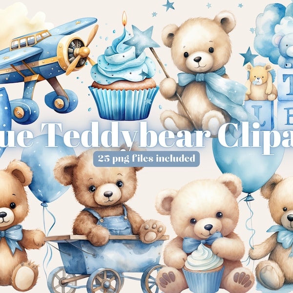 Watercolor Teddy Bear Clip Art Clipart Pack, Baby Shower for a boy, Clipart for commercial use, Transparent PNGs, Blue Aeroplane Balloons