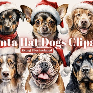 Imágenes prediseñadas de acuarela Christmas Puppy, 10 archivos JPEG y PNG de alta calidad, vacaciones de invierno, Perro con gorro de Papá Noel, lindos cachorros, imprimibles