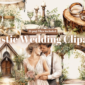 Clipart de casamento em aquarela, clipart de noiva, amor fofo, arco de casamento, elementos de casamento, bolo de casamento, anéis, carro recém-casado, para impressão, PNG