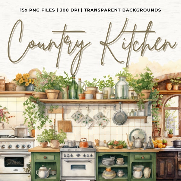 Watercolor Country Kitchen clipart, 15 High Quality JPEGs and PNGs, Rustic vintage cottage clipart, printable graphics, commercial licence