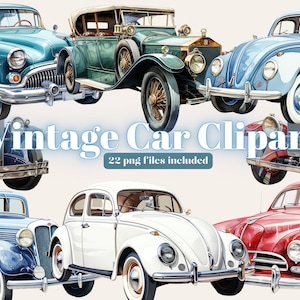 Vintage Cars Watercolor Clipart, Car Bundle PNG, Red Car Watercolor clipart, Black Car Scrapbooking, Retro Cars PNG, Instant Download