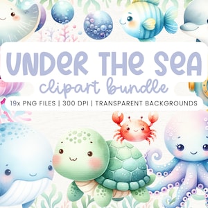 Paquete de imágenes prediseñadas de acuarela submarina - Decoración de guardería, Arte de pared para bebés, Lindos animales del océano PNG, Baby Shower, Pulpo, Medusa, Ballena, Caballito de mar