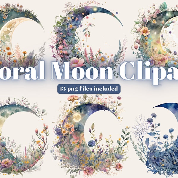 Watercolor Floral Moons Clipart - floral crescent moons with flowers and owls, watercolor PNG format instant download for commercial use