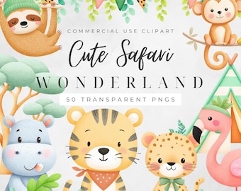 Safari Clipart PNG, Jungle Animal Graphics Commercial Use, 50 Wildlife Illustrations, Digital Download