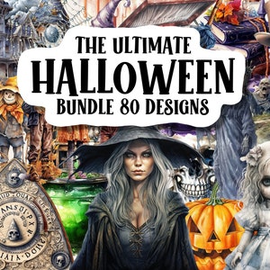 Big Halloween Clipart | Watercolor Halloween PNG | Spooky Collage Images | Junk Journal Clipart Bundle | Digital Planner | Paper Craft