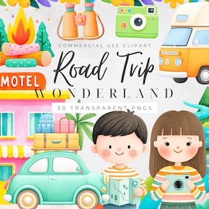 Clipart di viaggio in auto, avventura di viaggio PNG, clipart di camper, set di clipart per le vacanze, clipart di auto, grafica da campeggio, uso commerciale