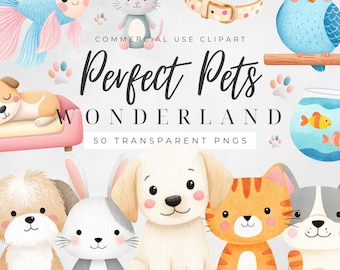 Cute Pet Clipart | Kawaii Pets PNG | Puppy Kitten Bunny Art | Pastel Animal Clip Art | Commercial Use