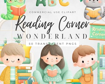 Reading Clipart PNG, Book Graphics Commercial Use, 50 Library Illustrations, Educational Digital Download