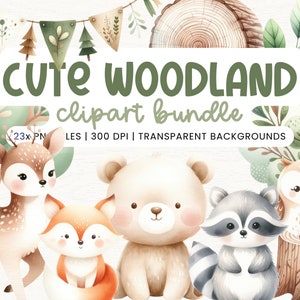 Animaux de la forêt, aquarelle animaux de la forêt PNG, bébés animaux de la forêt, clipart chambre d'enfant, bébés de la forêt, clipart forêt, cerf ours renard raton laveur