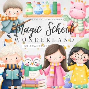 May include: A whimsical illustration featuring a group of cartoon characters in a magic school theme. The image includes a boy on a broom, a pink dragon, an owl, and other characters. The text "Magic School Wonderland" is displayed.