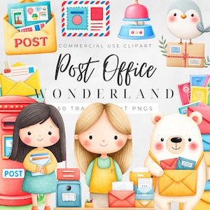 May include: Watercolor illustration with the text "Post Office Wonderland." The image features a variety of postal-themed elements, including envelopes, stamps, a mailbox, a bell, and cartoon characters. The color palette includes yellow, red, blue, and white.