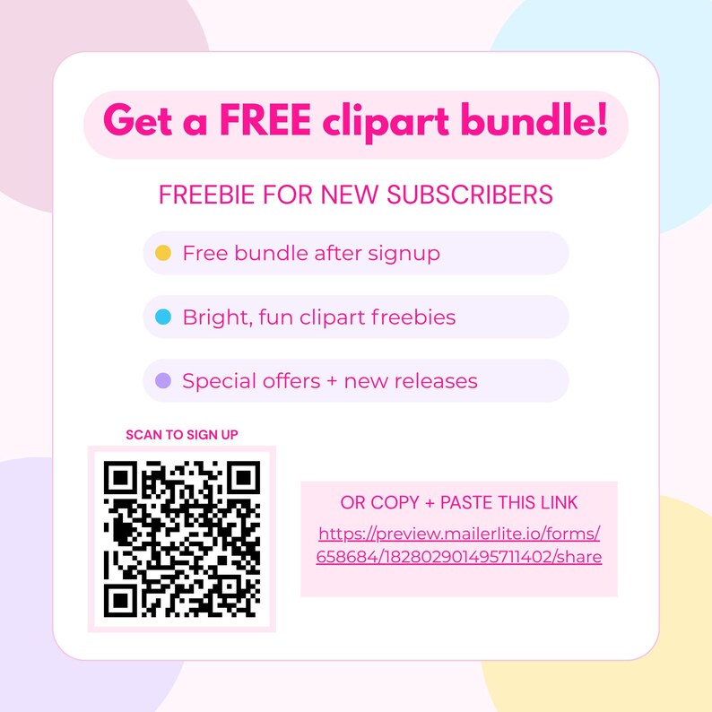The image is a promotional flyer for a free clipart bundle, offering various benefits to new subscribers. It includes a QR code for signing up, a list of benefits such as a free bundle after signing up, bright, fun clipart freebies, and special offers + new releases. The flyer also mentions that the image is a collage of multiple images and provides a link for pasting the information.