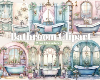 Cozy Pastel Bathroom Watercolor Clipart, Bathroom Interior, Favourite Place, Bathtub Bundle PNG, Interior clipart, Instant Download